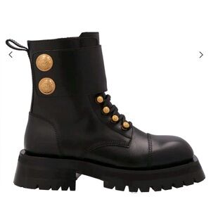 Balmain Black Leather Ankle Boots with Gold Accents